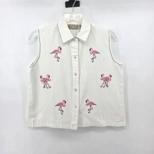 Life Style Linen Cotton Flamingo Embroidered Sleeveless Button Up Top‎ White XL